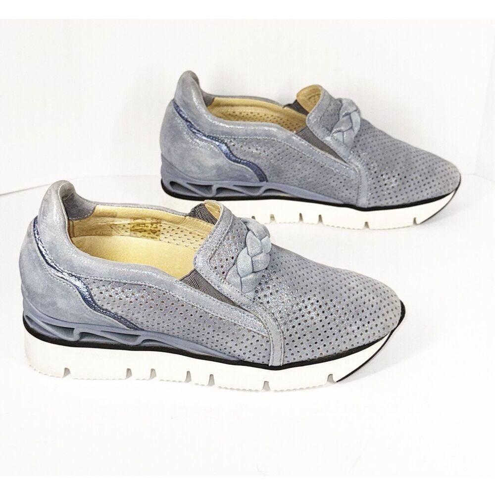 Softwaves Suede Platform Sneaker Loafer Dusty Blue Metallic Perforated 37/6.5 - Picture 16 of 16